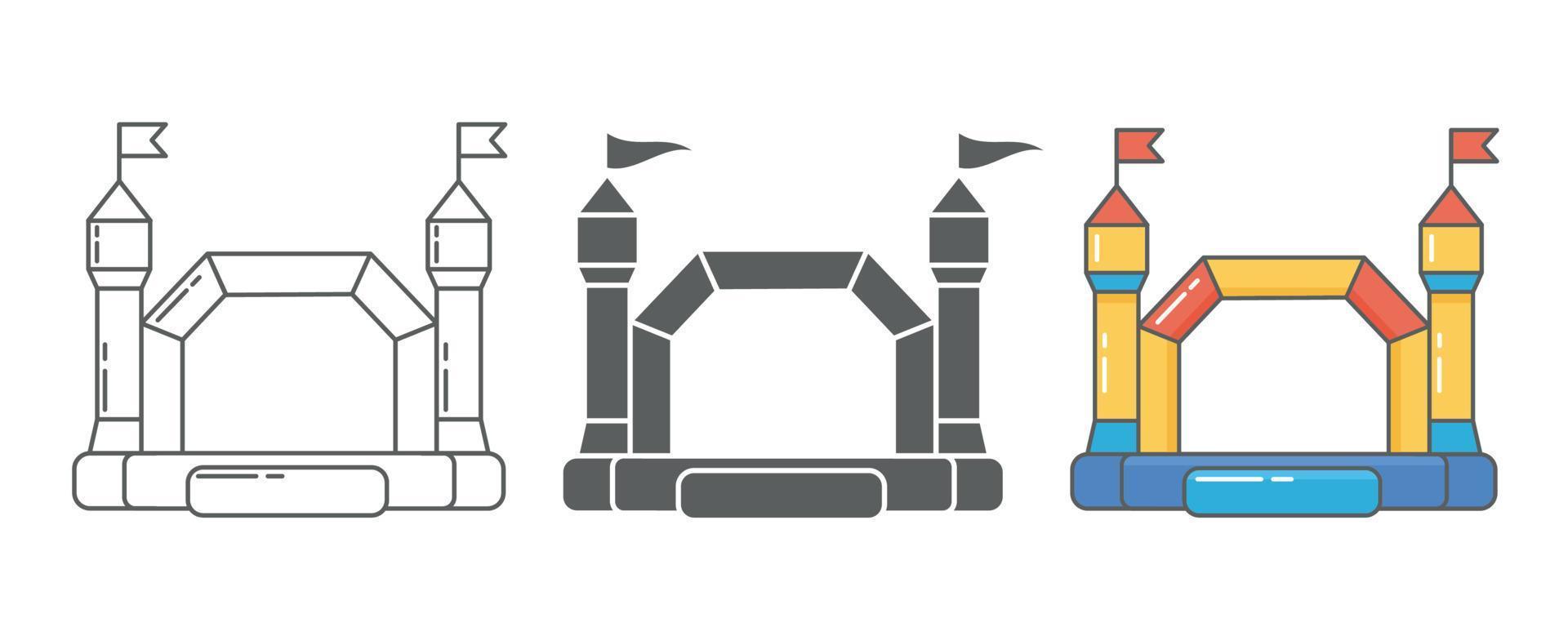 Bouncy castle inflatable house icon. Trampoline on playground for jumping kids and games in park. Vector outline silhouette and color pictogram