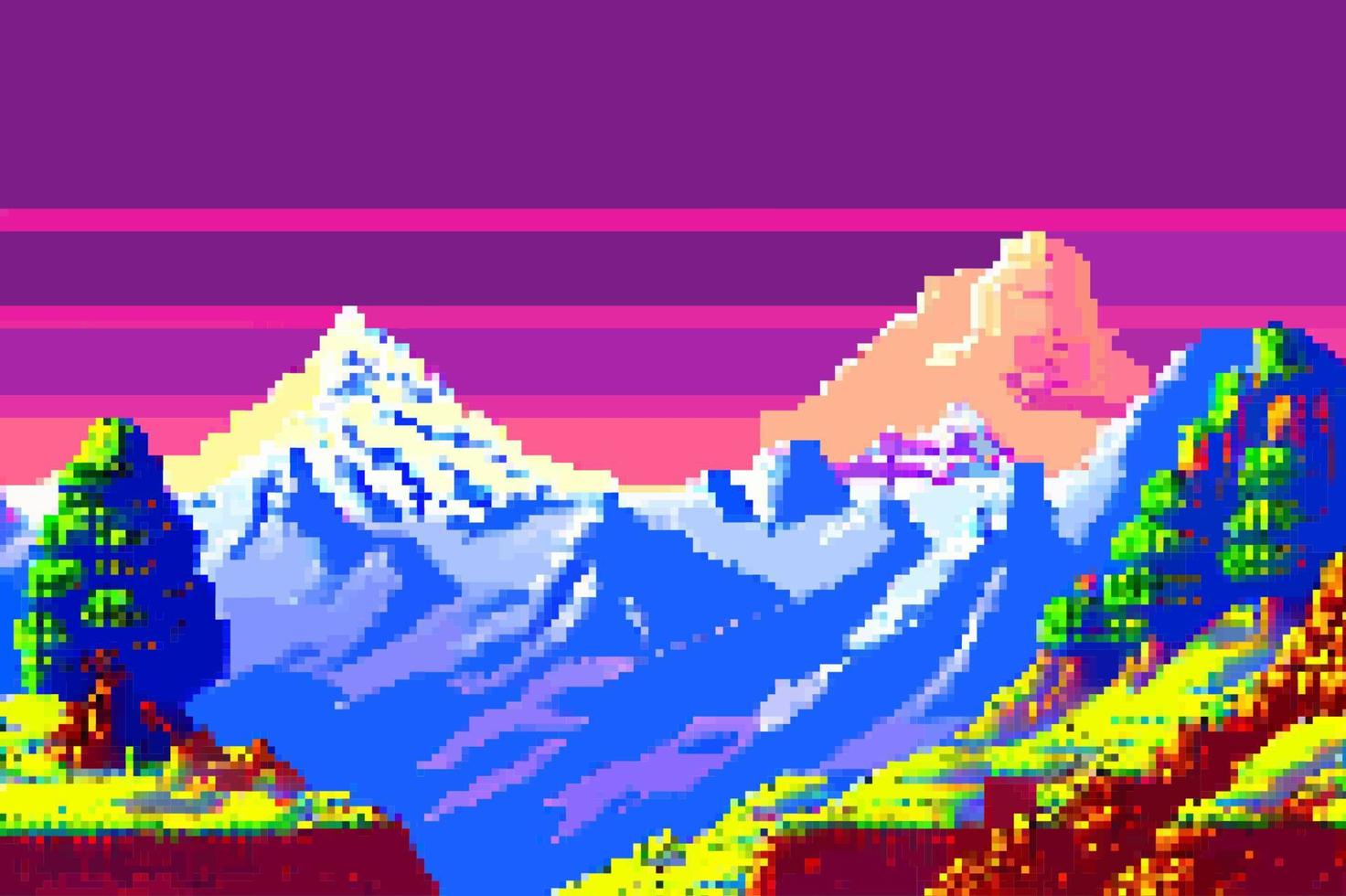 Landscape 8bit pixel art. Summer natural landscape mountain scenery arcade video game background vector