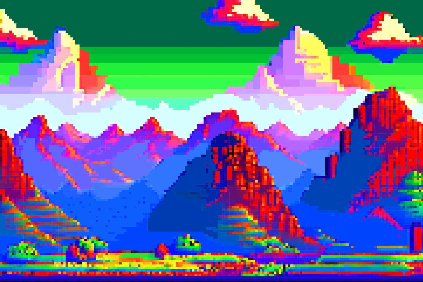 Landscape 8bit pixel art. Summer natural landscape mountain scenery arcade video game background vector