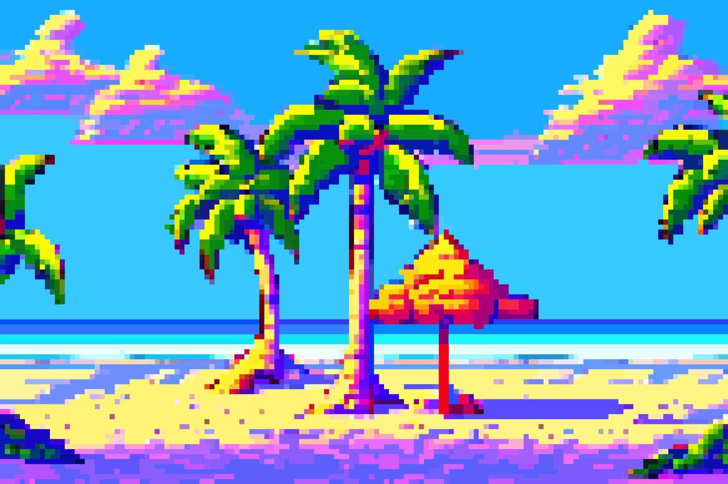 Landscape 8bit pixel art. Summer natural landscape. Summer ocean beach, scenery arcade video game background vector