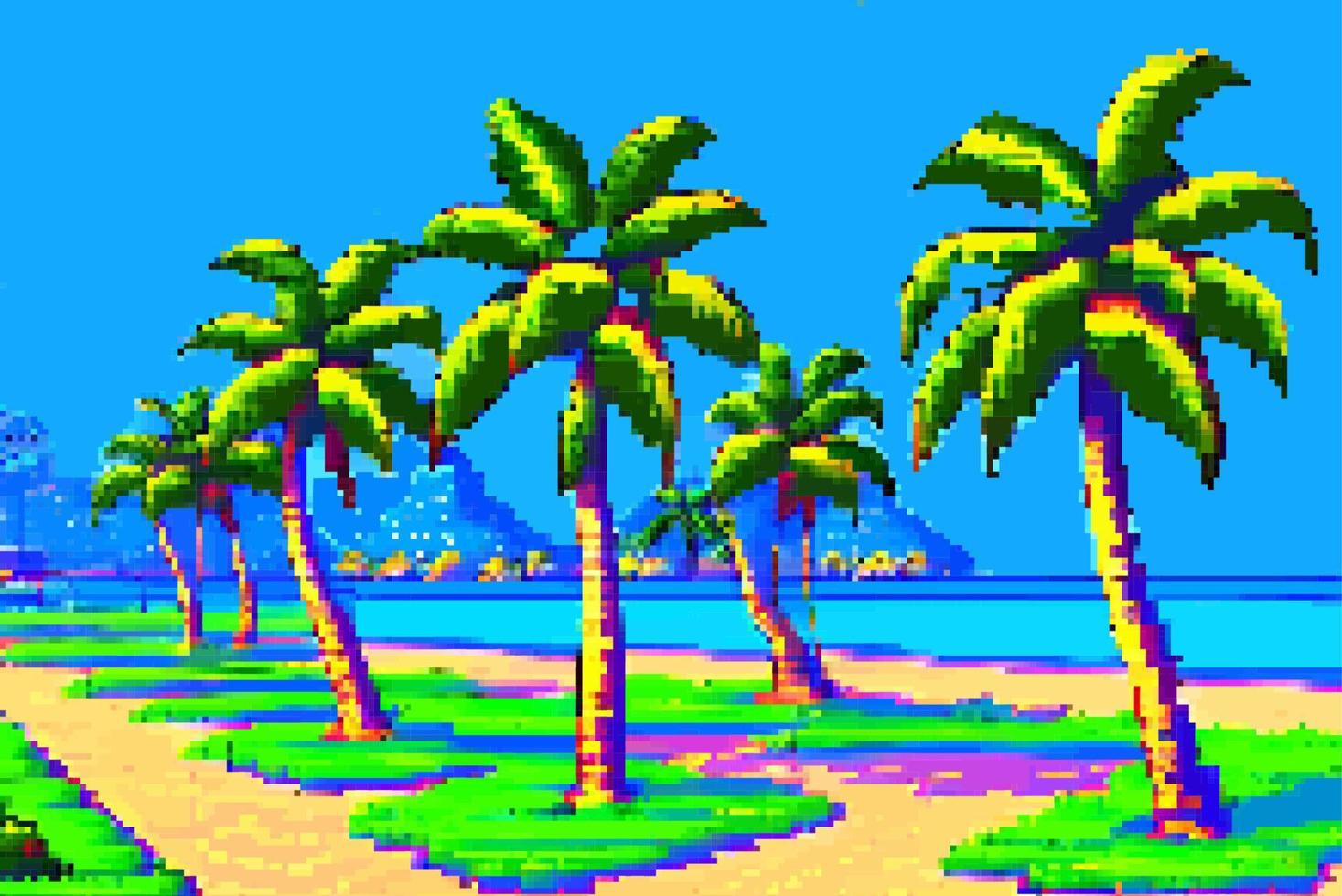 Landscape 8bit pixel art. Summer natural landscape. Summer ocean beach, scenery arcade video game background vector