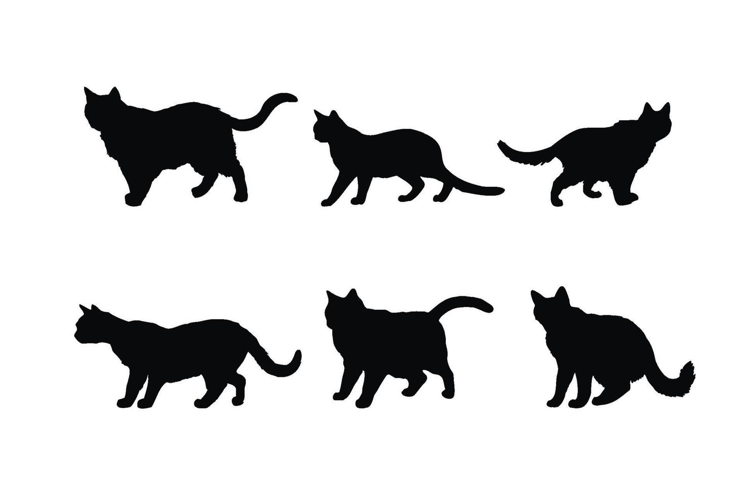Cute cat walking silhouette bundle design. Cat standing in different positions silhouette collection. Cute home cat vector design on a white background. Feline standing silhouette set vector.