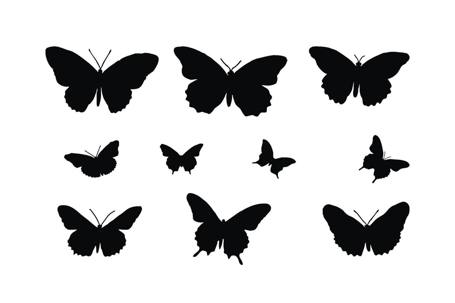 Cute butterflies silhouette set vector on a white background. Butterfly icons and silhouette collection. Beautiful monarch butterfly flying in different positions. Butterfly silhouette set design.