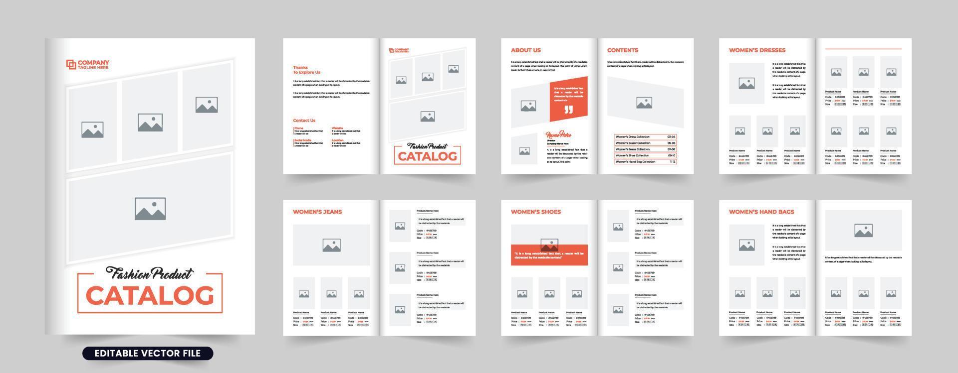Women's fashion brand promotion and product sale catalog template vector with orange and dark colors. Modern fashion brand product advertisement brochure template. Product catalog magazine vector.