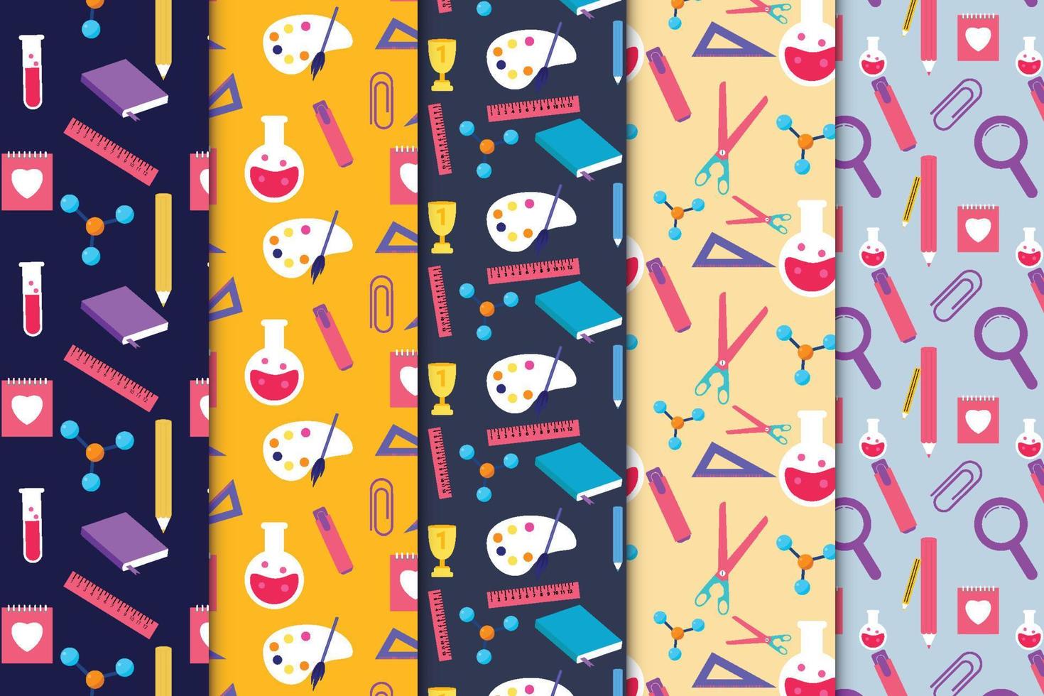 Educational endless pattern decoration set design with pencil, test tube, notebook, etc. Study backdrop pattern collection for wallpaper, book cover, and background. Science pattern texture bundle. vector