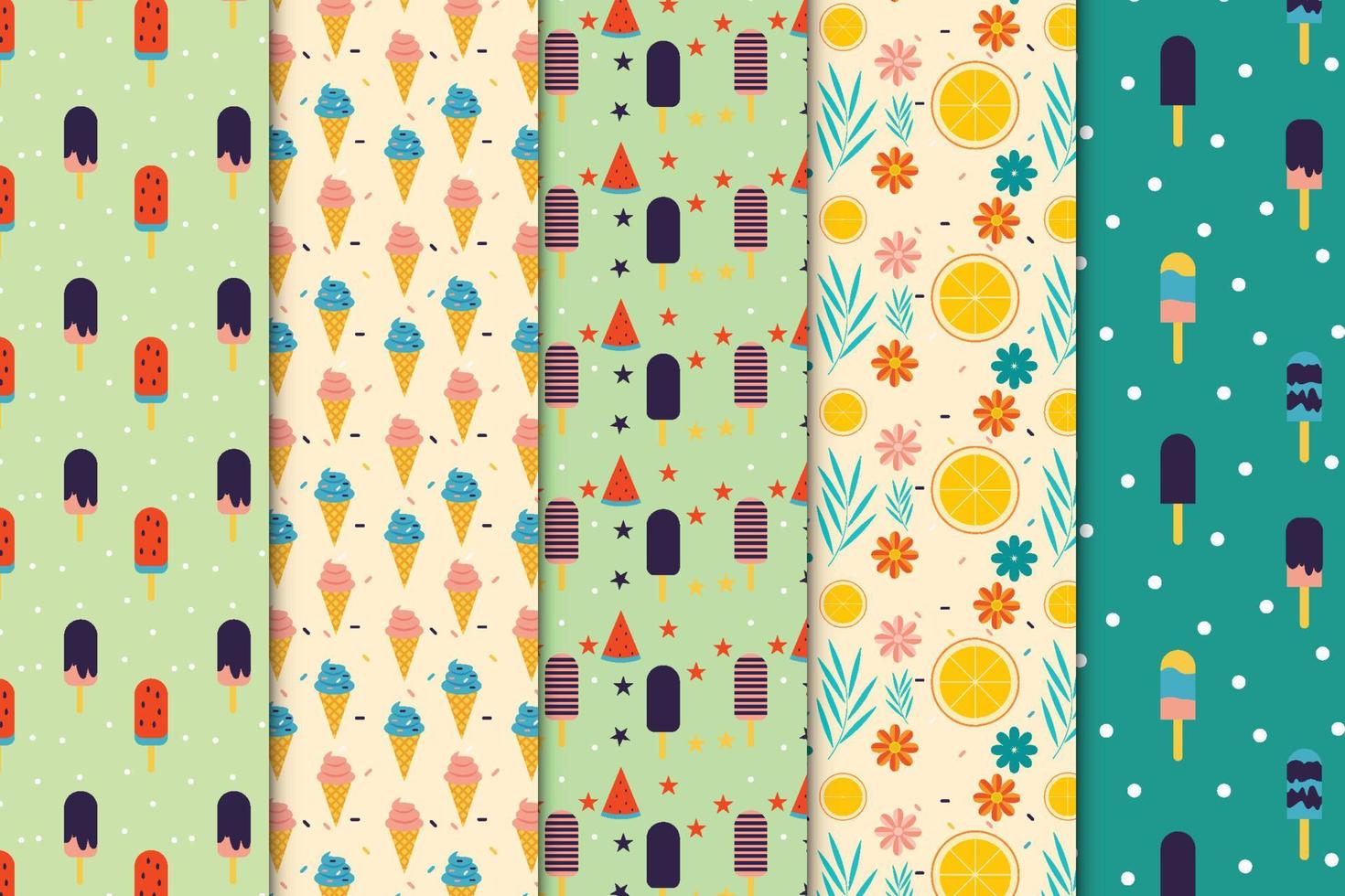 Ice cream repeating pattern decoration bundle for the book cover, wallpaper, and background. Sweet dessert pattern collection with colorful backgrounds. Popsicle endless pattern set vector. vector