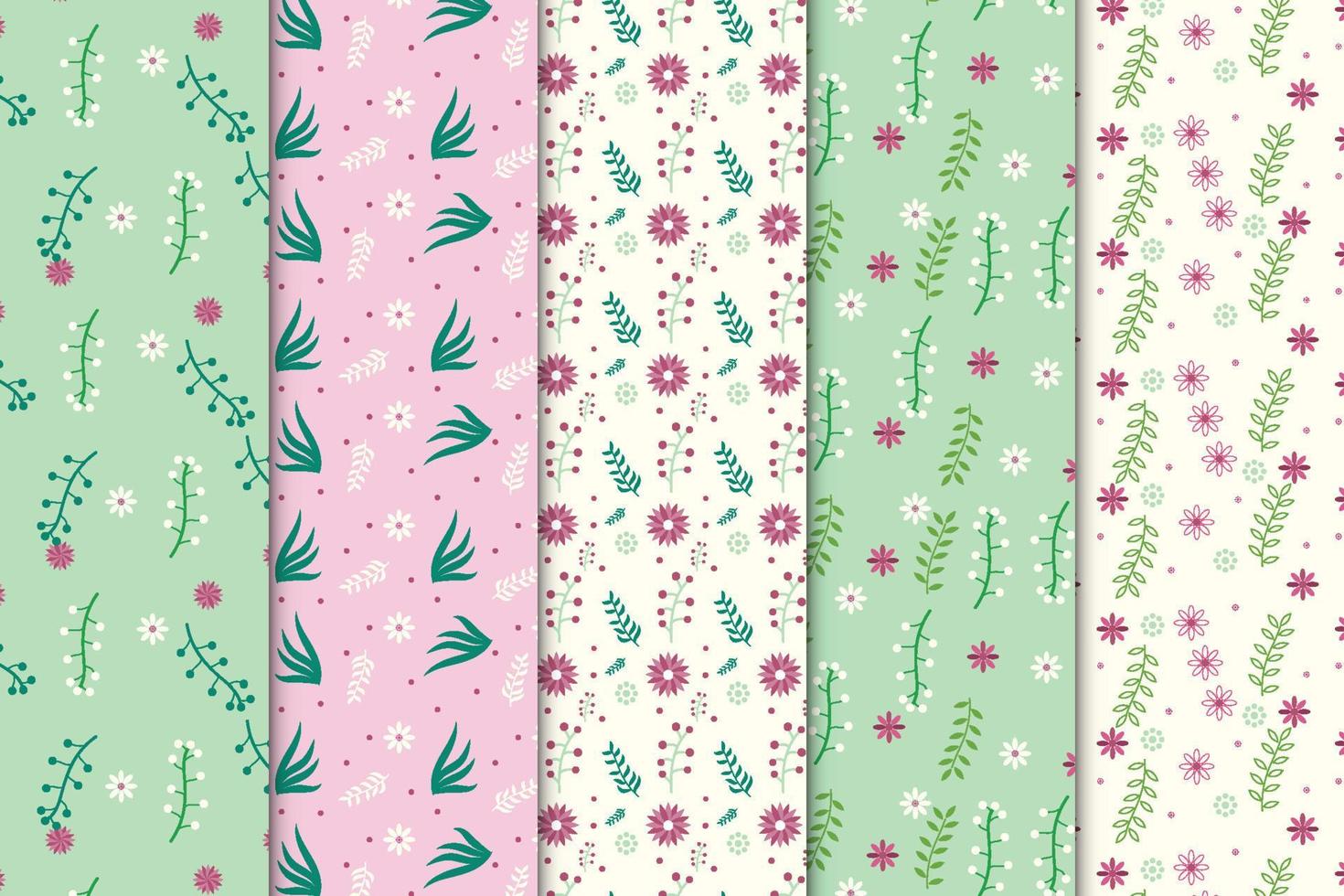 Creative floral pattern decoration on green, pink, and white backgrounds. Seamless flower pattern design for fabric prints, wallpapers, and book covers. Minimal pattern vector with flowers and leaves.