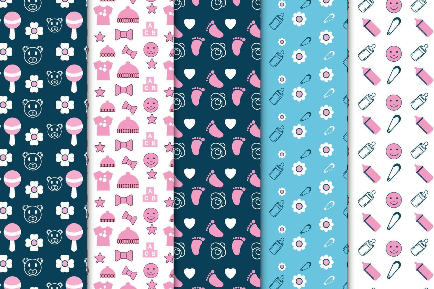 Seamless childish pattern collection with baby toys, heart shapes, and baby feeder icons. Endless baby pattern bundle decoration with dark and white backgrounds. Minimal childish pattern set vector. vector