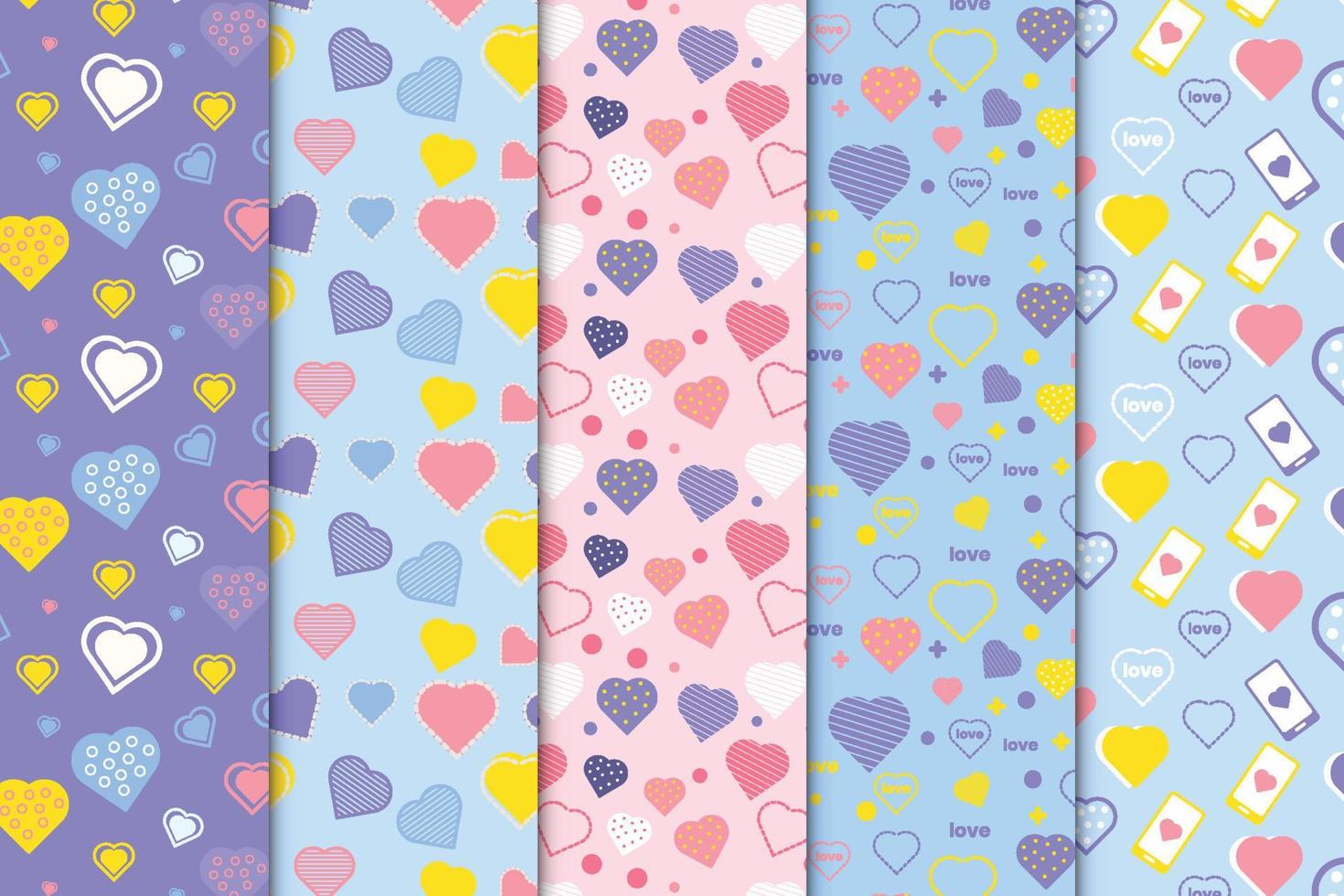 Beautiful love pattern bundle with different heart shapes on blue and purple backgrounds. Seamless love pattern collection for wallpapers, book covers, and gift cards. Abstract love pattern set design vector