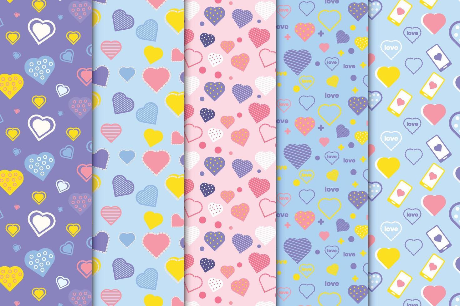 Beautiful love pattern bundle with different heart shapes on blue and purple backgrounds. Seamless love pattern collection for wallpapers, book covers, and gift cards. Abstract love pattern set design vector