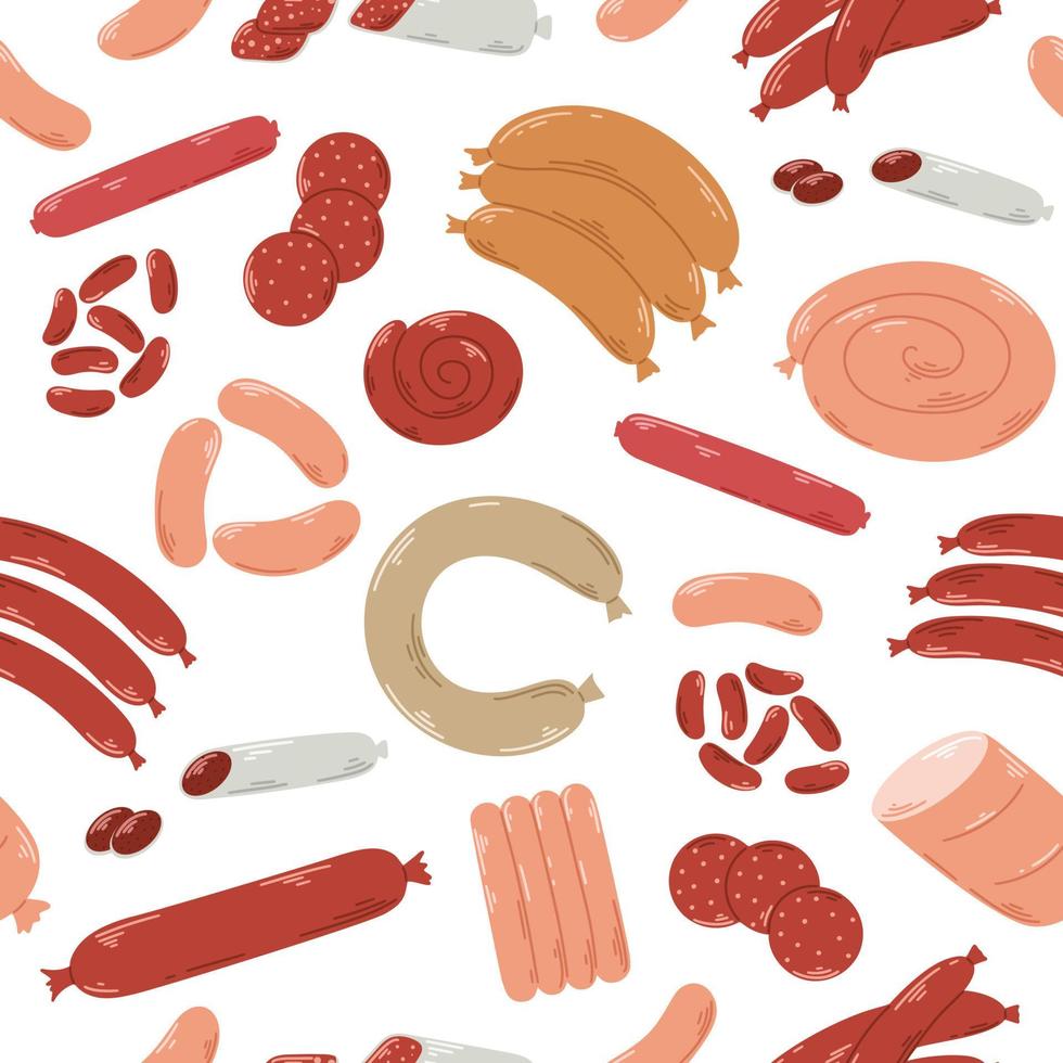 Various types of sausages and ham background vector
