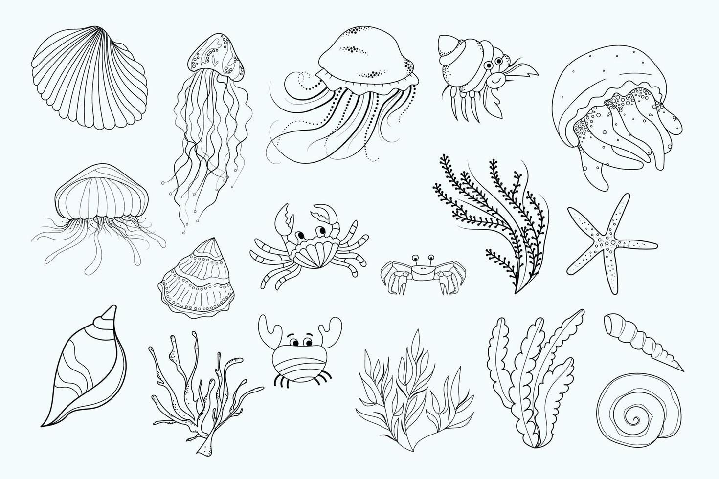 Ocean animals, crabs and plants vector clipart