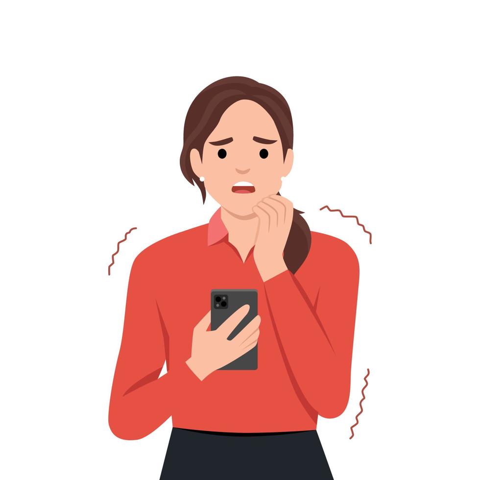 Frustration, broken phone, problems in communication concept. Worried concerned girl cartoon character looking at her phone screen cracked and shattered to pieces or feeling bad with message vector