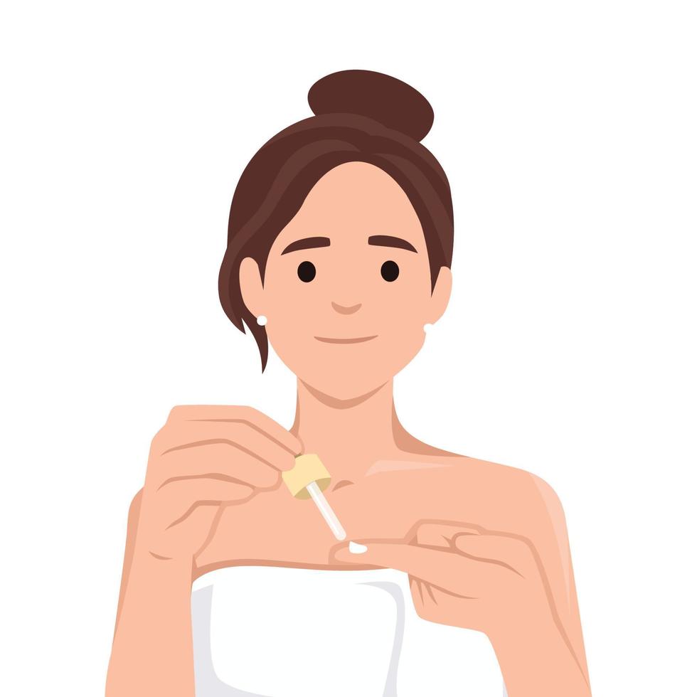 Woman holds pipette with cosmetic product to treat face with regenerating hyaluronic acid for rejuvenation. Girl recommends applying cosmetic drug to get rid of acne on skin for concept of skin care vector