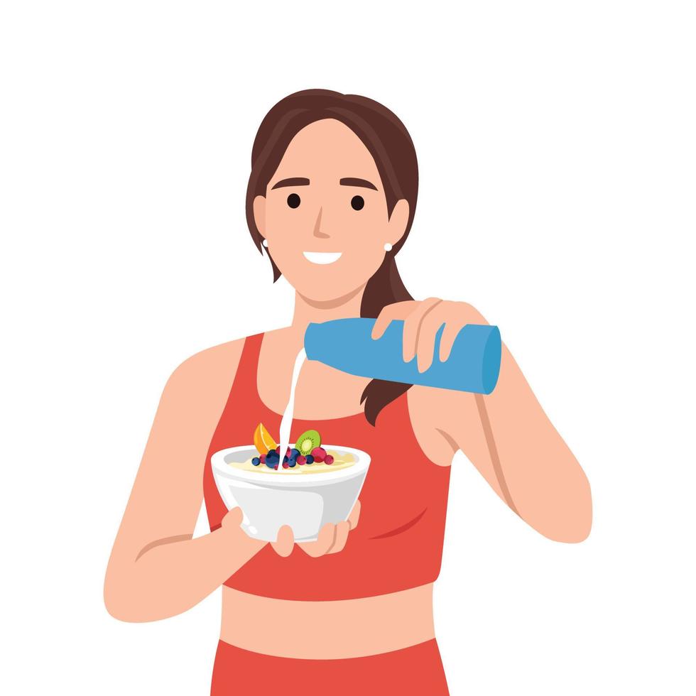 Young woman preparing healthy breakfast adding milk to plate after morning fitness or sports. Beautiful girl in jogging clothes makes delicious lunch for protein diet vector