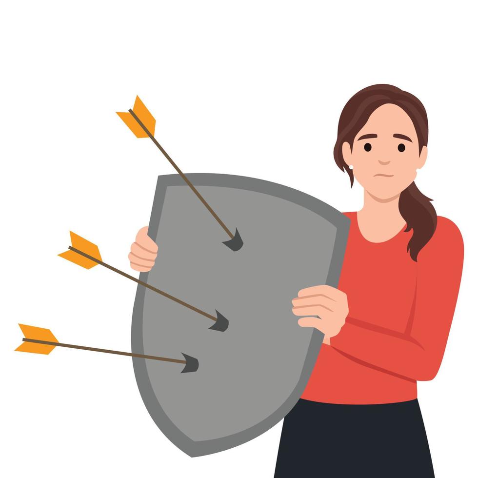 Upset cartoon woman with mental disorders hold shield with arrows isolated on white. Female rejection of love vector flat illustration. Psychological problem, defense mechanism and avoidance concept