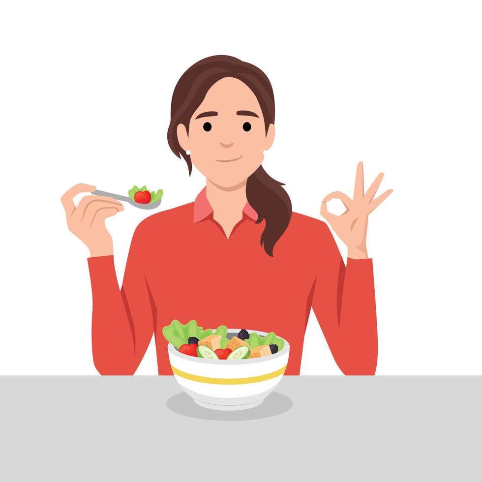 joven mujer comiendo ensaladas dieta comida para vida. sano comidas con beneficios. sano y vegano comida concepto. vector
