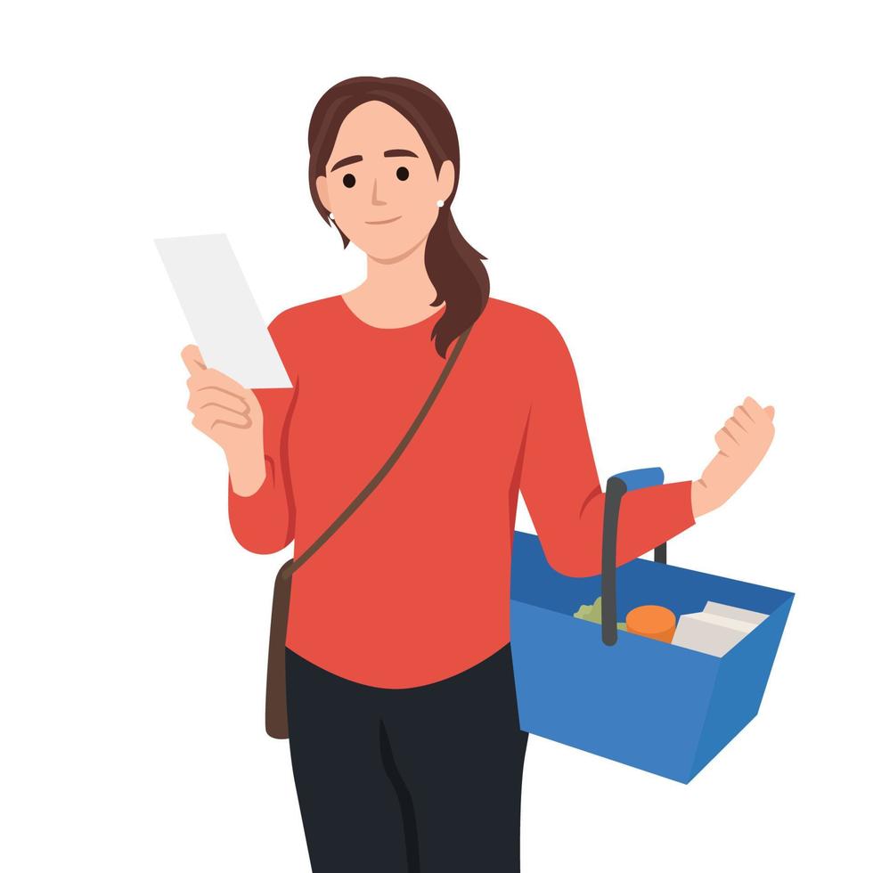 Woman is carrying a grocery bag full of groceries in the supermarket. Cute lady, girl buying food with shopping cart and controlling check vector