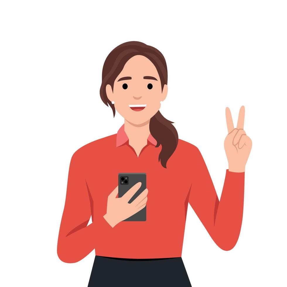 Young woman with phone shows peace sign vector