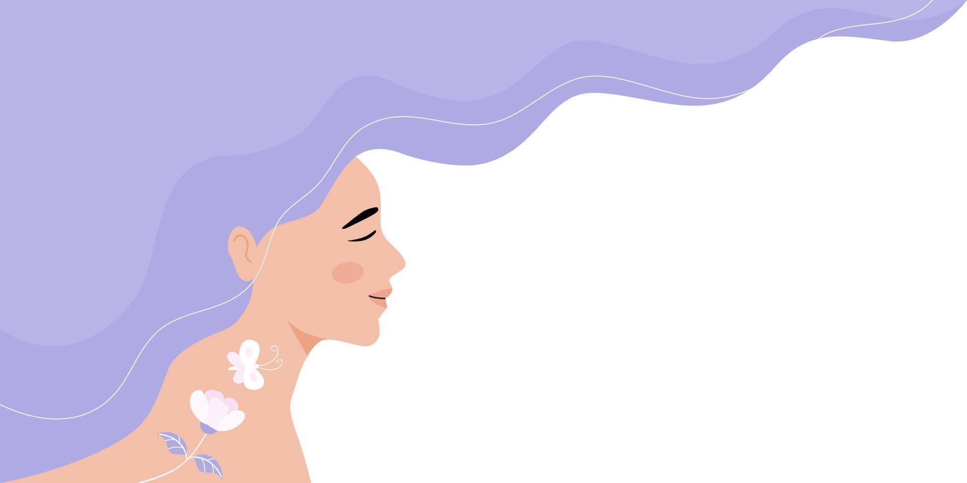Mental health background for banner, woman smiling and happy emotion with flower and butterfly. flat vector illustration banner.