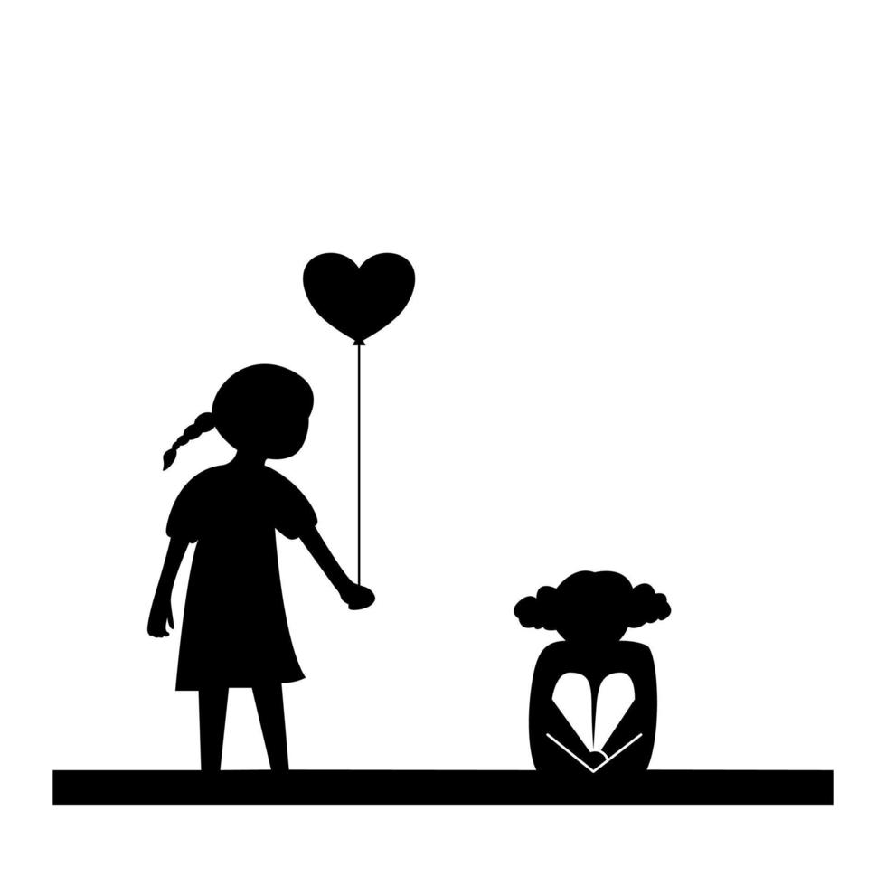 silueta de un niño Comparte un corazón conformado globo con un otro niño sentado solo. vector