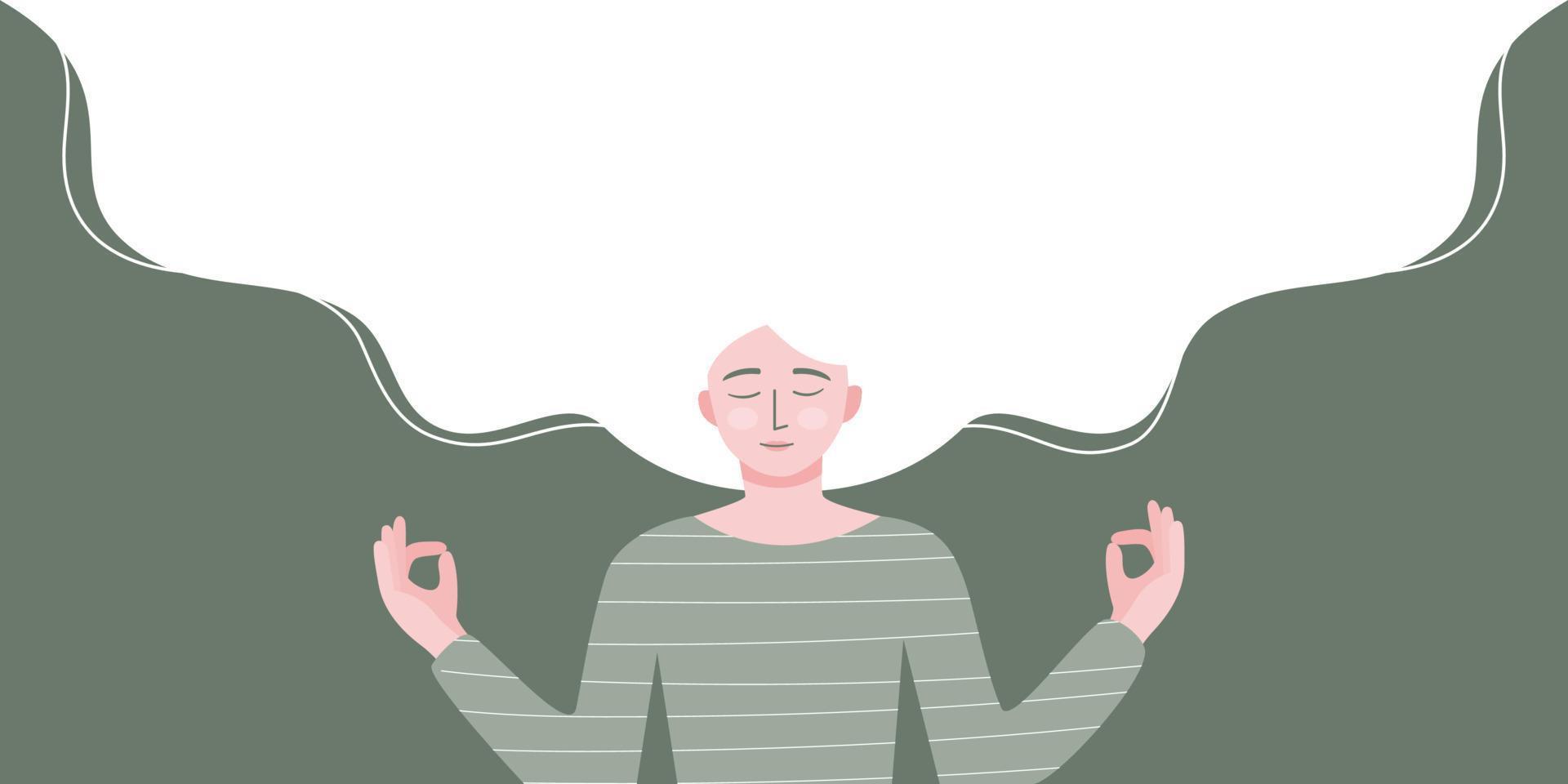 A woman smiling and doing mindfulness meditation, mental health concept. flat vector illustration banner.