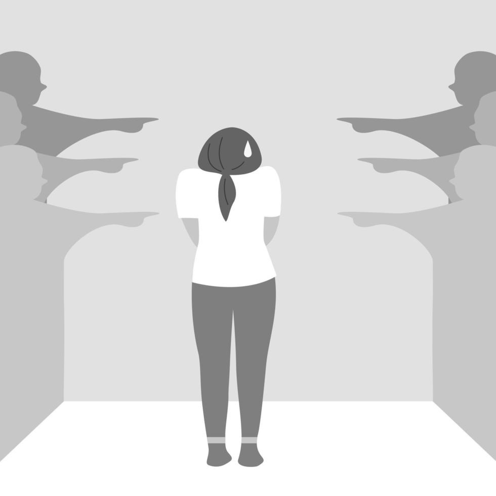Silhouette of fingers pointing to a woman, she get stress and sad emotion with stigma. Mental health concept. flat vector illustration.
