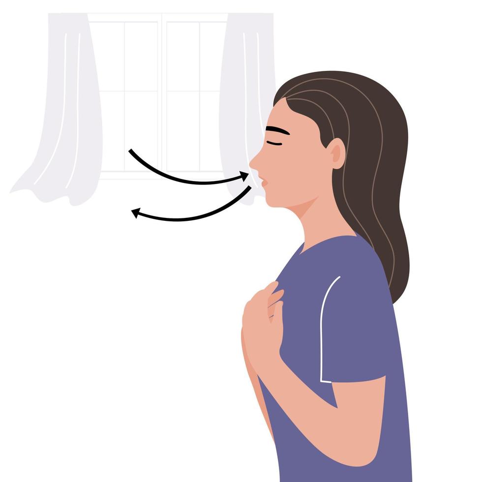 Relaxed woman breathing exercise at home. flat vector illustration.