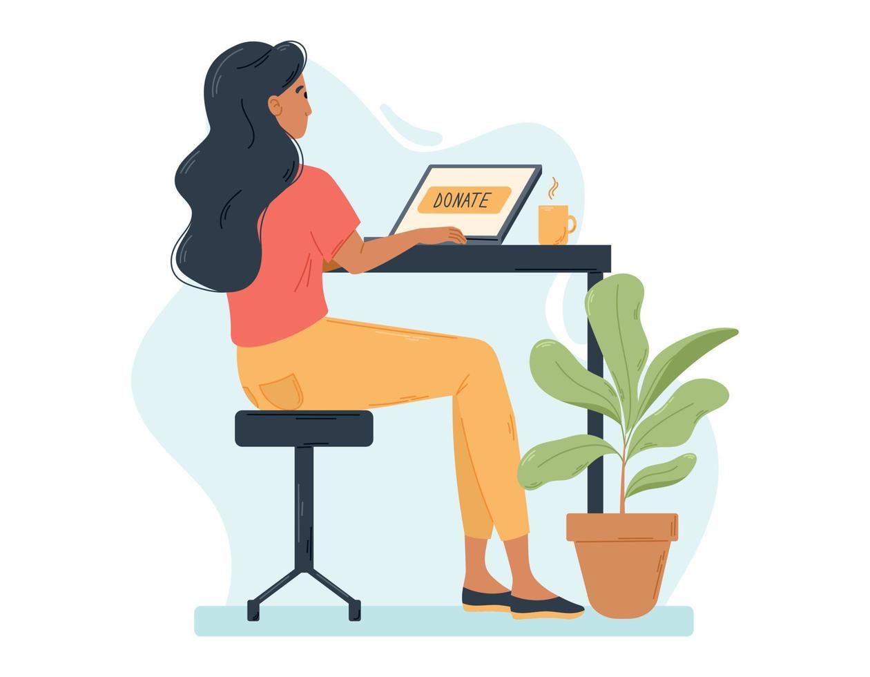 joven plano mujer sentado a un escritorio con un ordenador portátil y taza de té o café. donación en línea. dibujos animados diseño elemento, trabajando o estudiando a hogar oficina. vector
