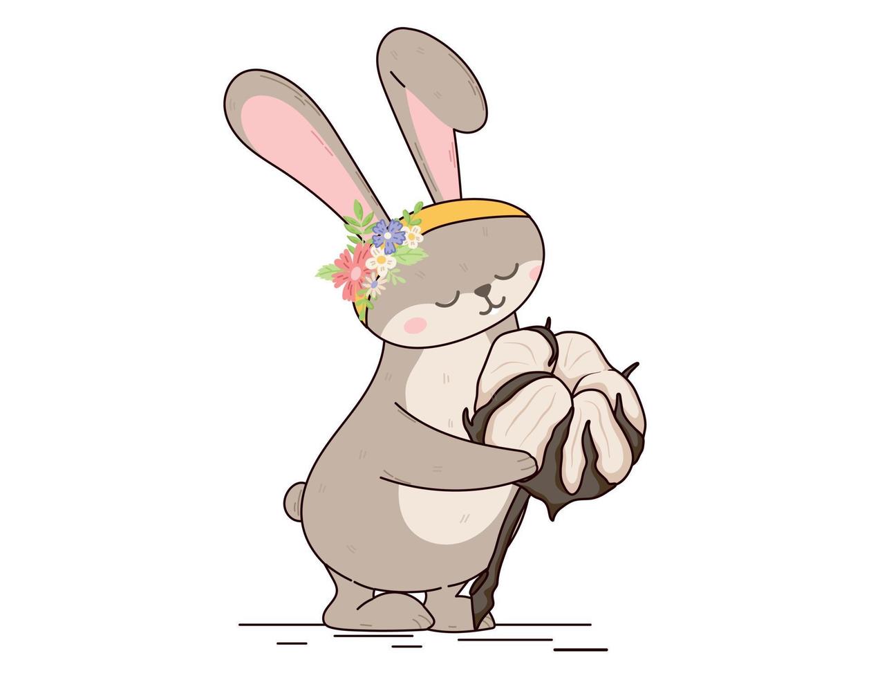 Cartoon Cute Bunny holding a Twig with a cotton boll. Vector isolated Flat Hare with a rim of flowers.