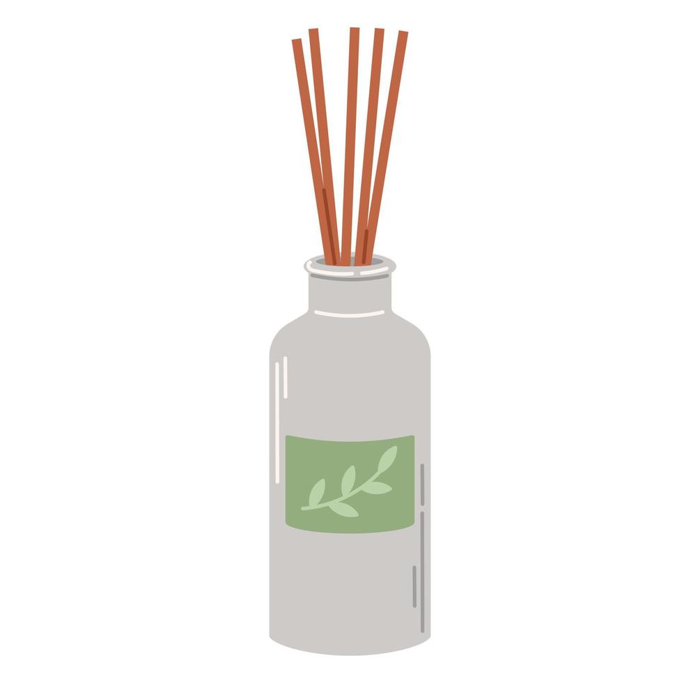 Flat Bottle of Aroma Diffuser with reed sticks with natural oils and perfume. Cartoon design element, spa and aromatherapy concept. vector