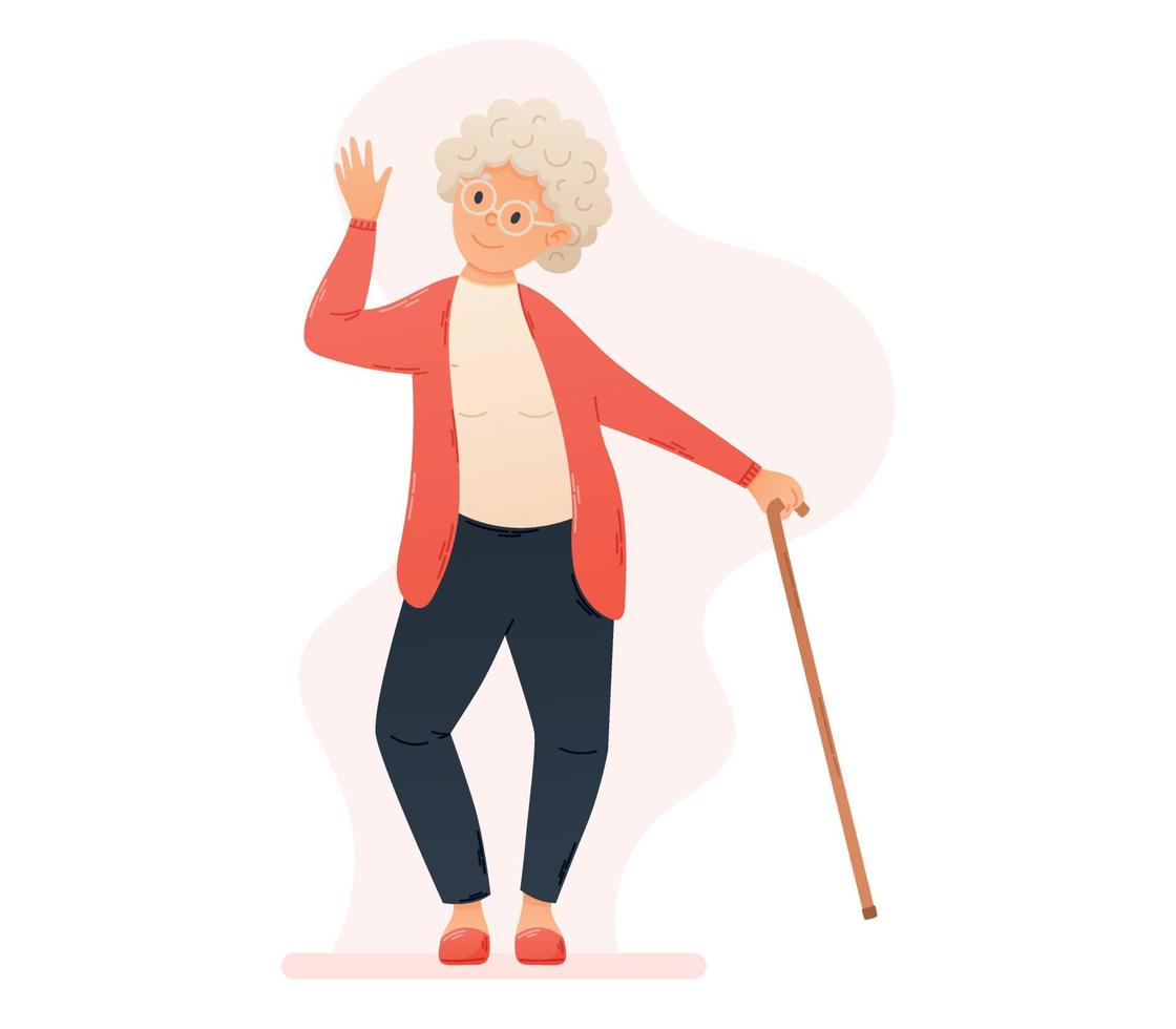 Funny cheerful Dancing or Waving old woman with a cane. Vector isolated flat illustration of Pensioner grandmother.