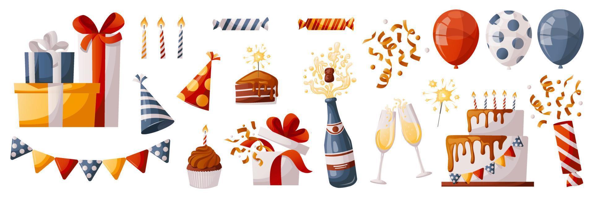 Set of birthday elements with cake, cupcake, gifts, champagne, caps, confetti, balloons, cracker. Birthday party, celebration, holiday, event, festive. Banner, flyer, advertising. Cartoon vector