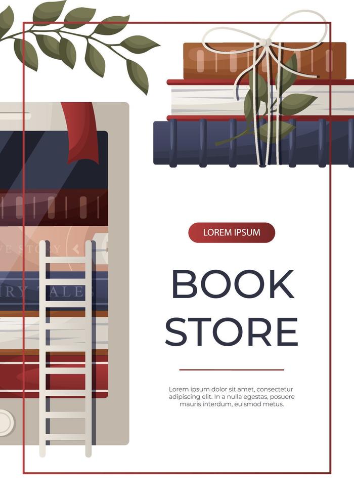 Promo flyer banner with electronic ebook reader, stack of books, bow, plant. World book day. Book heap. Bookstore, bookshop, library, book lover, bibliophile, education. A4 for poster, banner vector