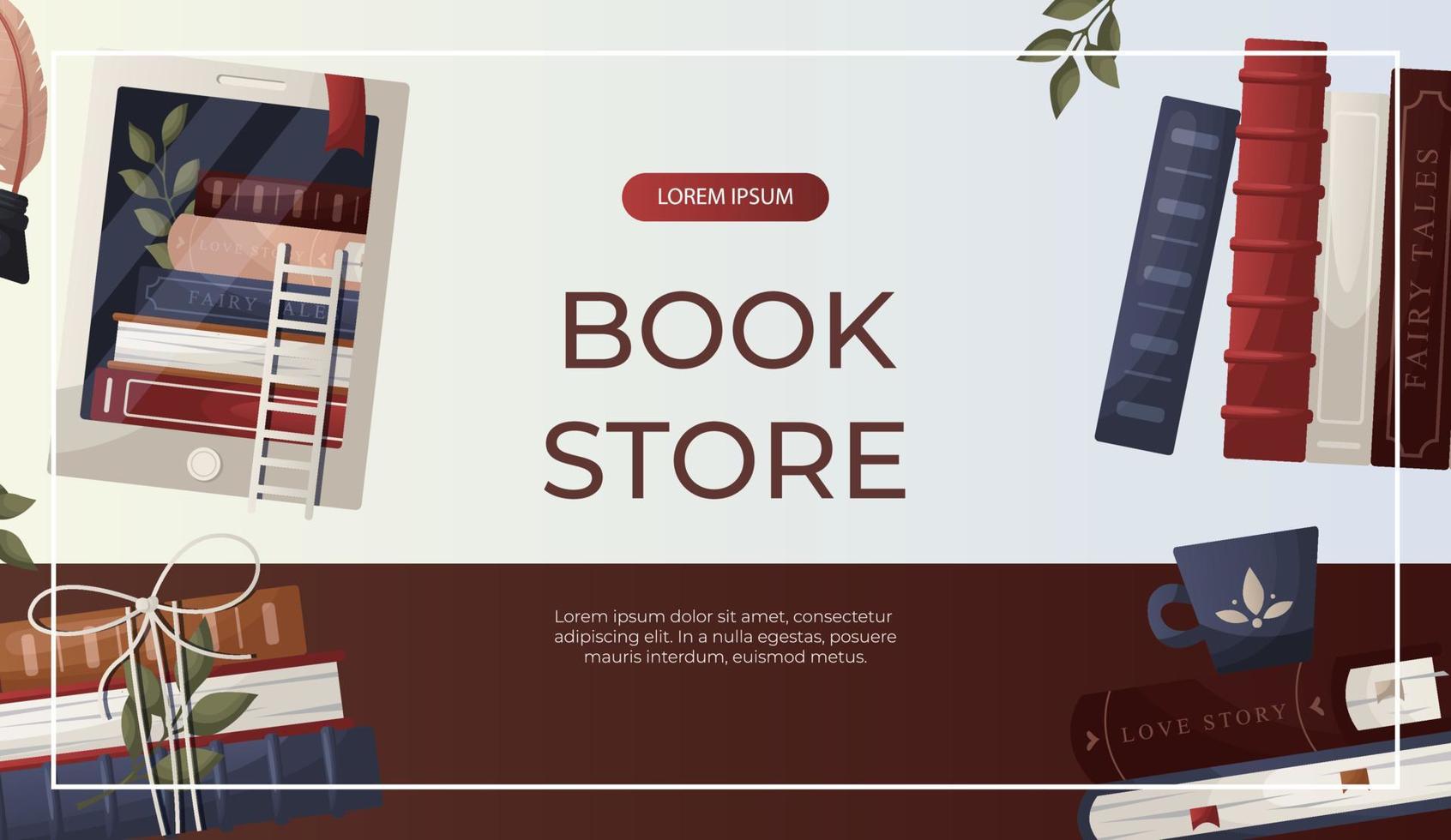 Promo banner with stack of books, globe, inkwell quill, plant, lantern, ebook. World book day. Bookstore, bookshop, library, book lover, bibliophile, education. for poster, cover, advertising vector