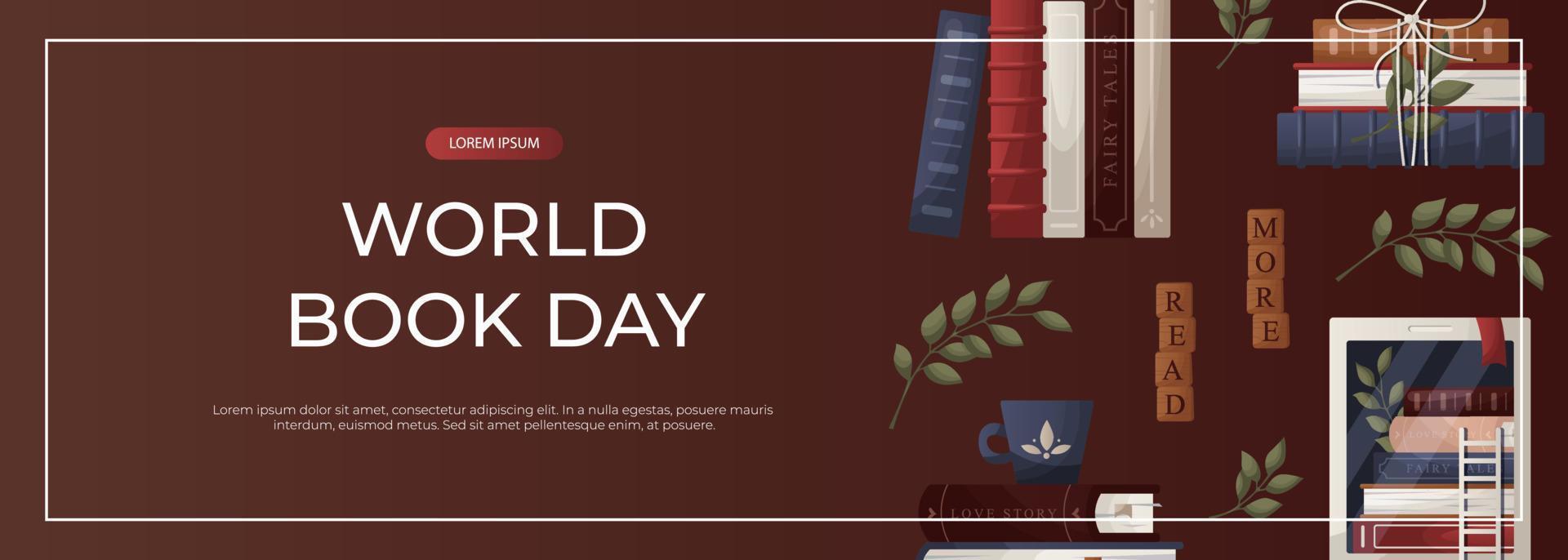 Promo banner with stack of books, globe, inkwell quill, plant, lantern, ebook. World book day. Bookstore, bookshop, library, book lover, bibliophile, education. for poster, cover, advertising vector