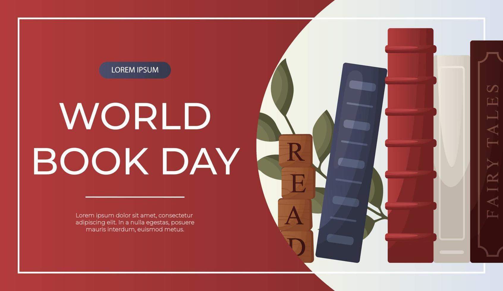 Promo banner with reading stack of books, wooden letter tiles. School books pile. World book day. Bookstore, bookshop, library, book lover, bibliophile, education. for poster, cover,advertising vector