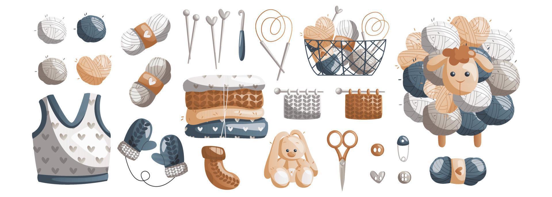 Set of basket with balls of wool, needles, crochet hook, scissors, pin, clothes, toy rabbit. Skein of yarn. Tools, equipment for knitwork, handicraft. Handmade needlework, hobby.Knitting studio. vector