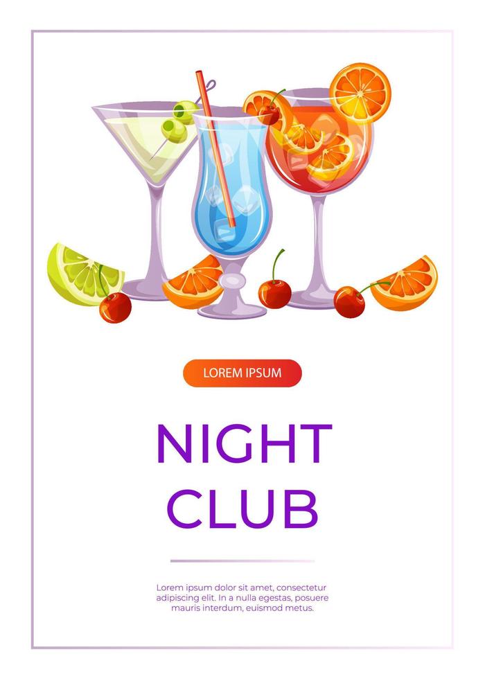 Promo flyer with classic cocktails aperol spritz, blue lagoon, martini . Italian aperitif. Alcoholic beverage drinks bar menu. Holidays, summer vacation, party, recreation. A4 for poster, banner vector