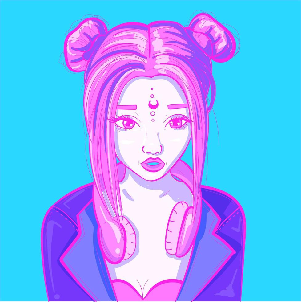 digital Arte de un ciber neón mujer en un cuero chaqueta y un par de auriculares. ciencia ficción sintetizador niña con rosado y azul colores. vector