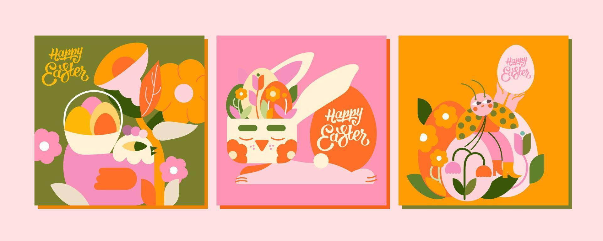 3 ilustraciones para un contento Pascua de Resurrección día en cálido, primavera colores. un pollo, un mariquita, un conejito y muchos Pascua de Resurrección huevos. genial para saludos, tarjetas y más vector