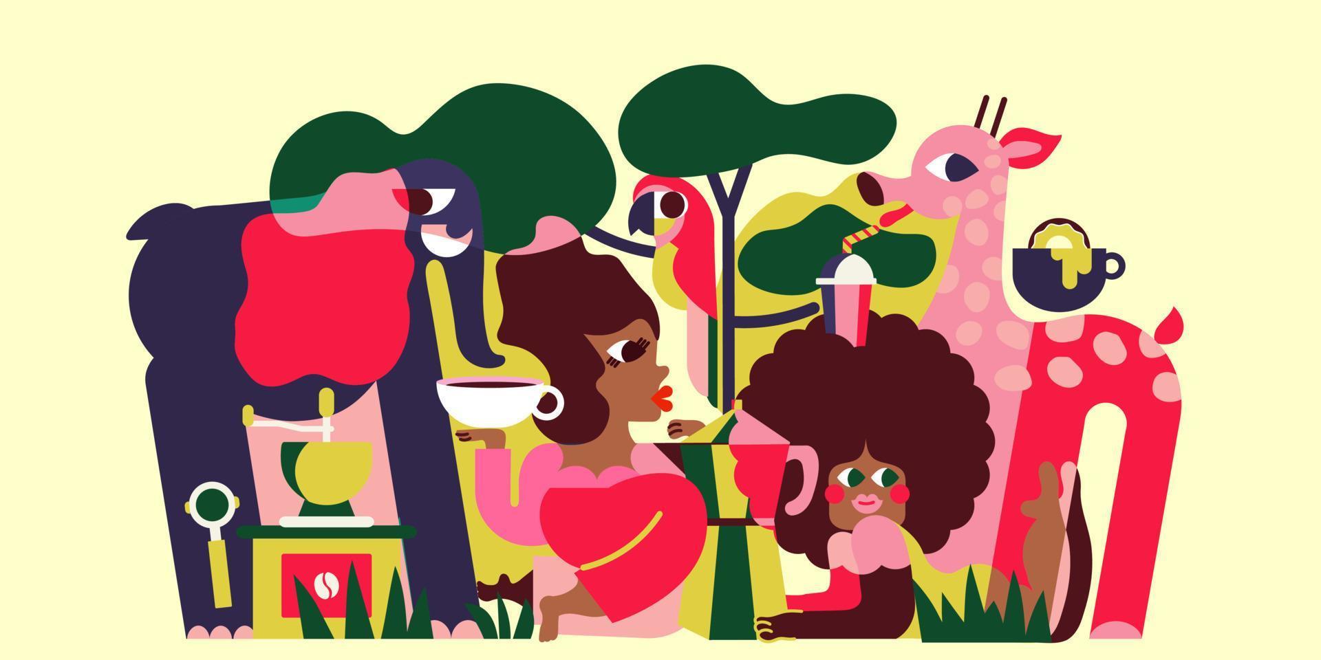 delicioso africano café. africano mujer, animales de el sabana, caliente colores de el ilustración mentalmente tomar nosotros a el sitio de origen de el legendario variedades de arábica embalaje diseño. vector