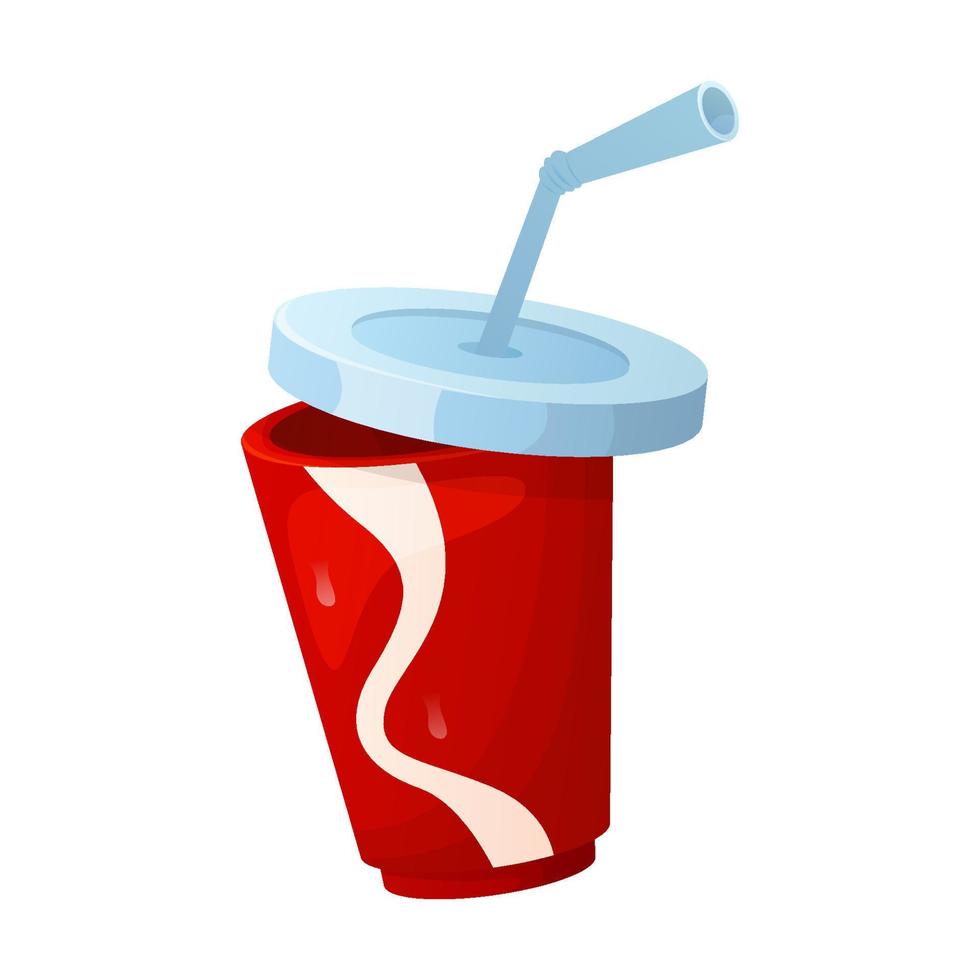 Fast food flying soda, cola red disposable plastic cup. Street takeaway cafe, cooking, junk food. King size, classic american traditional cartoon snacks meals. for banner, poster, menu, flyer vector