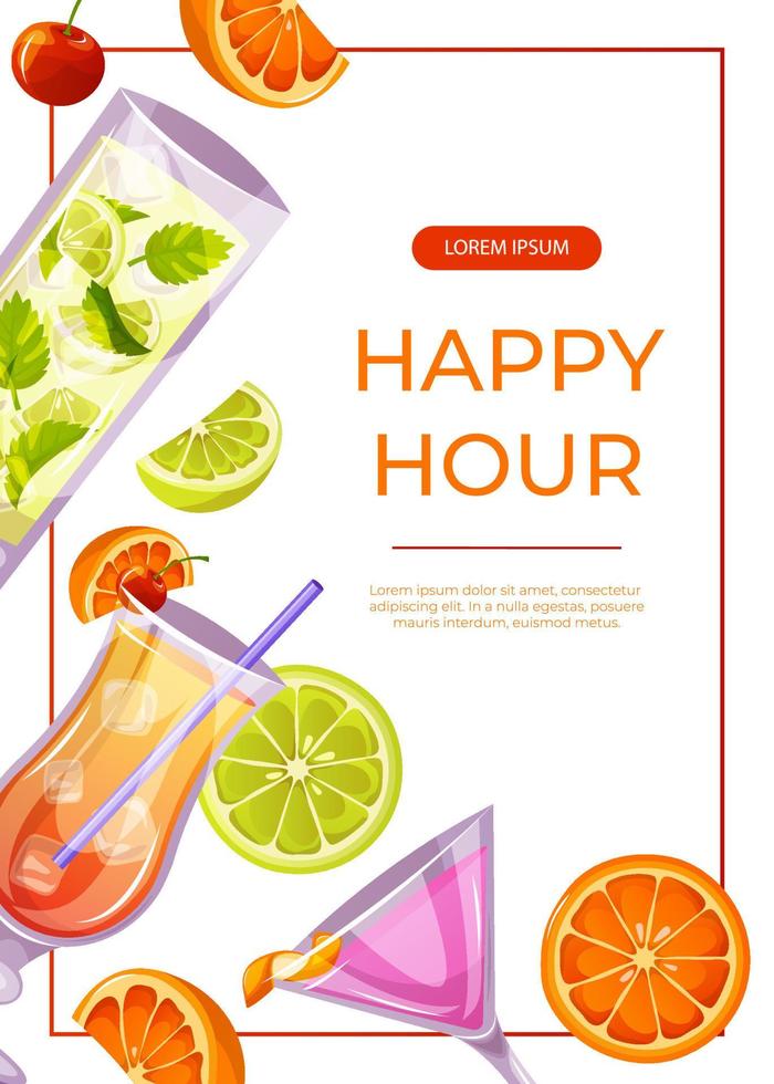 Promo flyer with classic cocktails cosmopolitan, mojito, sex on the beach. Italian aperitif. Alcoholic beverage for drinks bar menu. Holidays, summer vacation, party, recreation. A4 for poster, banner vector