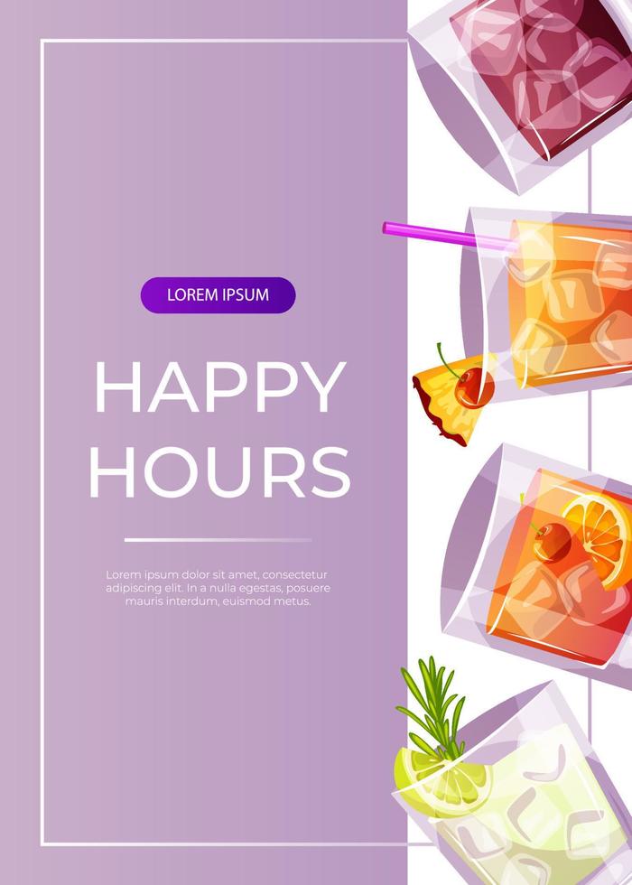 Promo flyer with classic cocktails gin tonic, whiskey soda, old fashioned, mai tai. Italian aperitif. Alcoholic beverage for drinks bar menu. Holidays, summer vacation, party, recreation. A4 poster vector