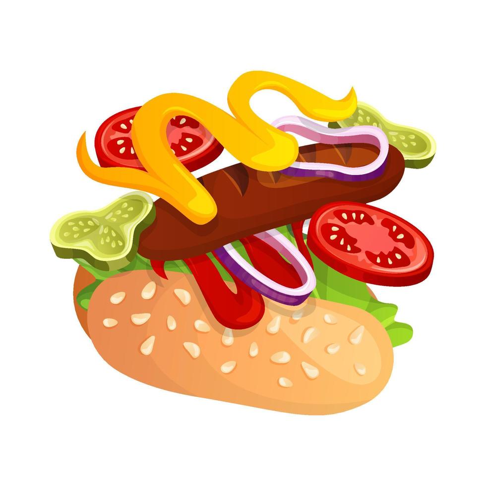 Fast food flying hot dog with sausage in a bun, ketchup. Street takeaway cafe, cooking, junk food. King size, classic american traditional cartoon snacks meals. for banner, poster, menu, flyer vector