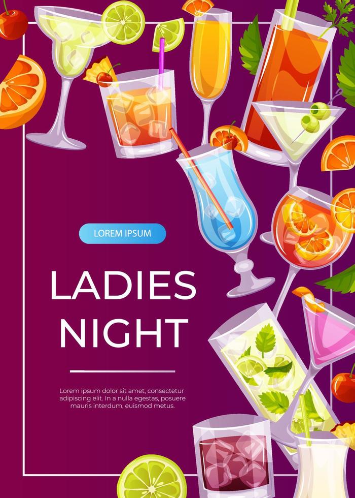 Promo flyer with classic cocktails blue lagoon, blood mary. Italian aperitif. Ladies night. Alcoholic beverage drinks bar menu.Beach Holidays, summer vacation, party, recreation. A4 for poster, banner vector
