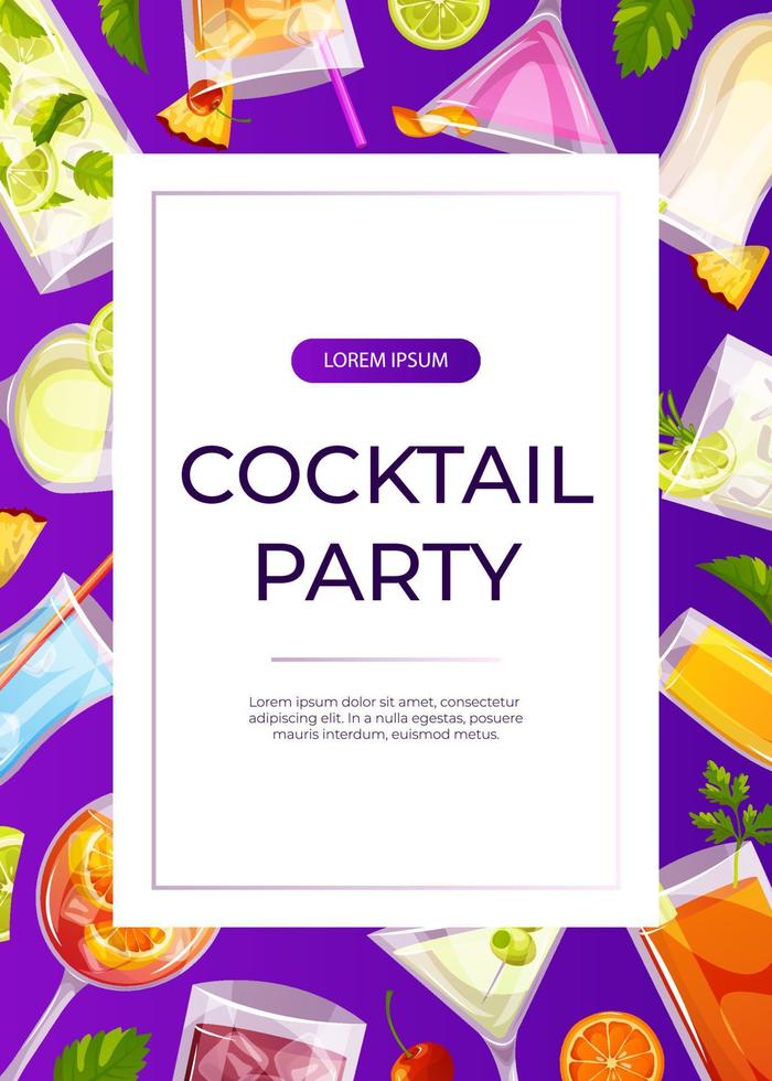 Promo flyer with classic cocktails blue lagoon,martini. Italian aperitif. Cocltail party. Alcoholic beverage drinks bar menu.Beach Holidays, summer vacation, recreation. A4 for poster, banner vector