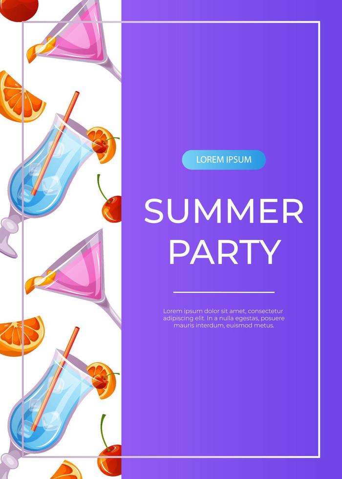 Promo flyer with classic cocktails blue lagoon, cosmopolitan, orange. Italian aperitif. Alcoholic beverage for drinks bar menu. Holidays, summer vacation, party, recreation. A4 for poster, banner vector