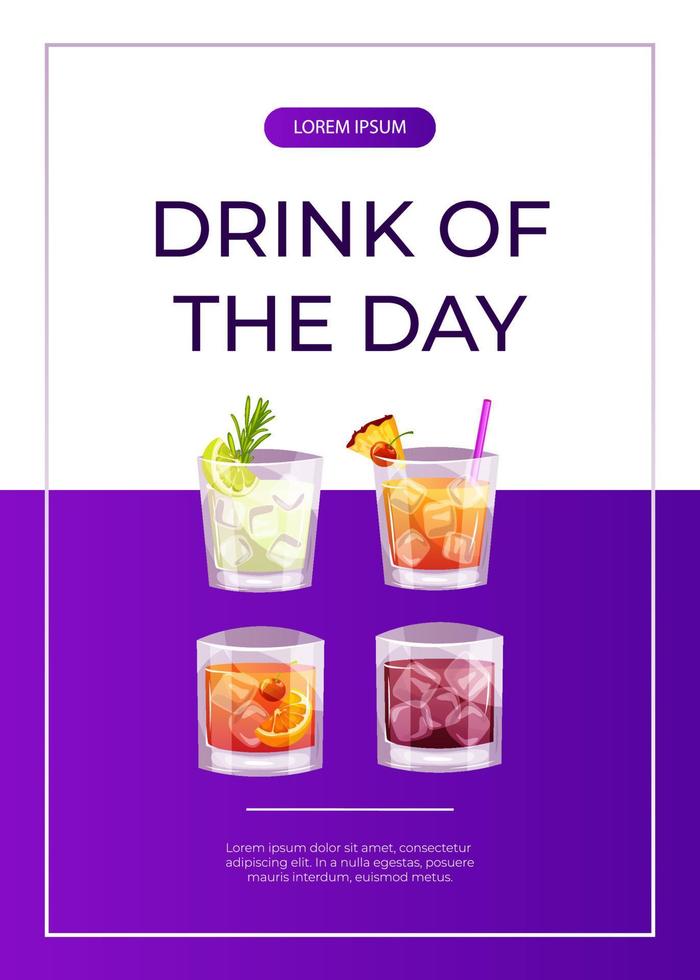 Promo flyer with classic cocktails gin tonic, whiskey soda, old fashioned, mai tai. Italian aperitif. Alcoholic beverage for drinks bar menu. Holidays, summer vacation, party, recreation. A4 poster vector